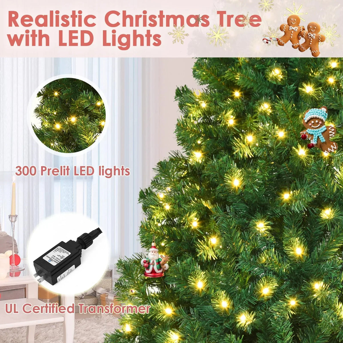 2026 NewVebreda 6FT Pre-Lit Artificial Christmas Tree with 300 Warm White LED Lights, Hinged Branch Design, Eco-Friendly PVC Needles & Foldable Metal Stand for Home, Office & Holiday D"cor