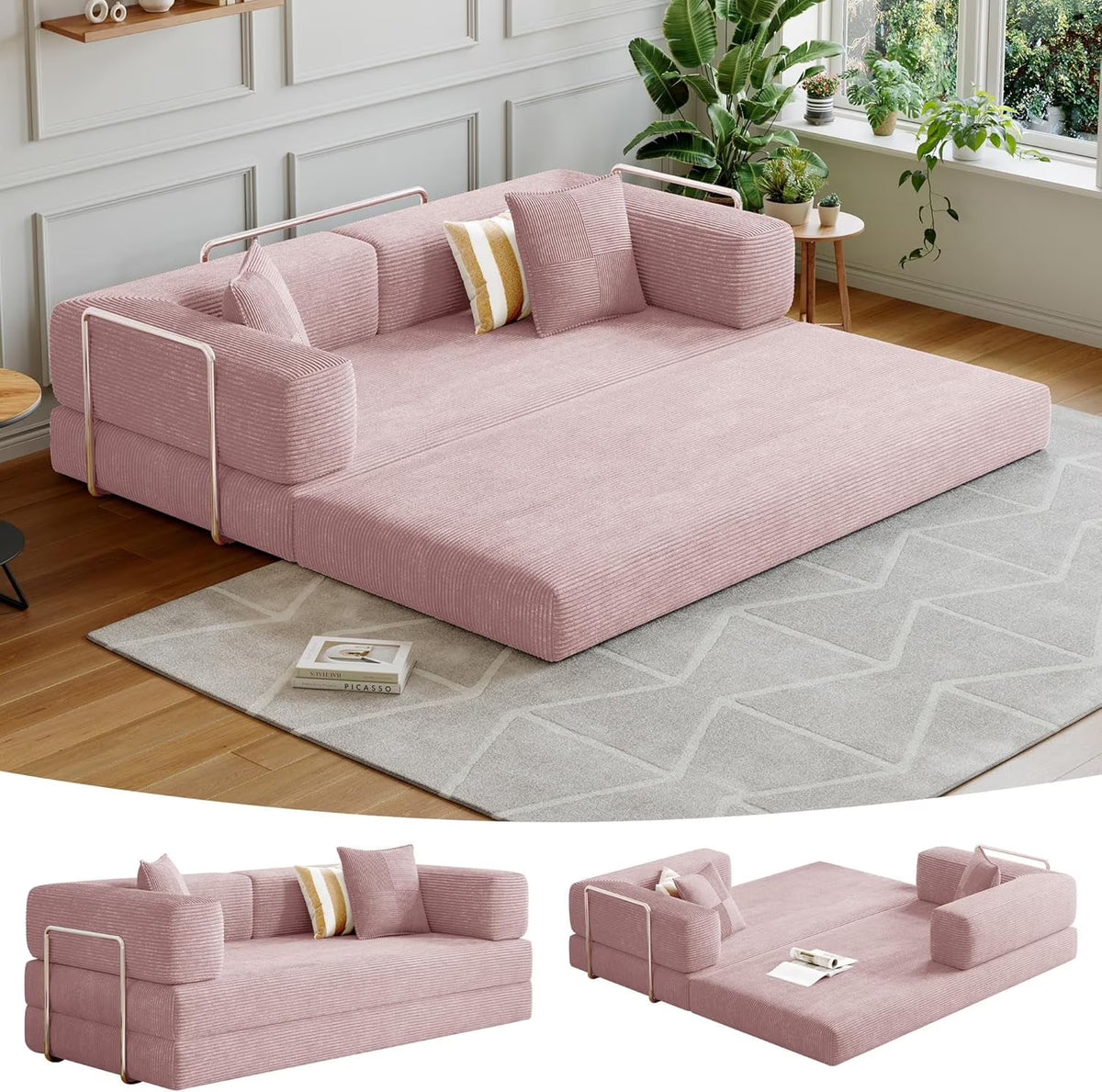 2026 NewConvertible Sleeper Sofa Bed,Compressed Floor Boneless Couch,Modular Modern Corduroy Sofa for Living Room Bedroom -with Fixed-Shape Frame and Support Armrest,Easy Assembly(Green)