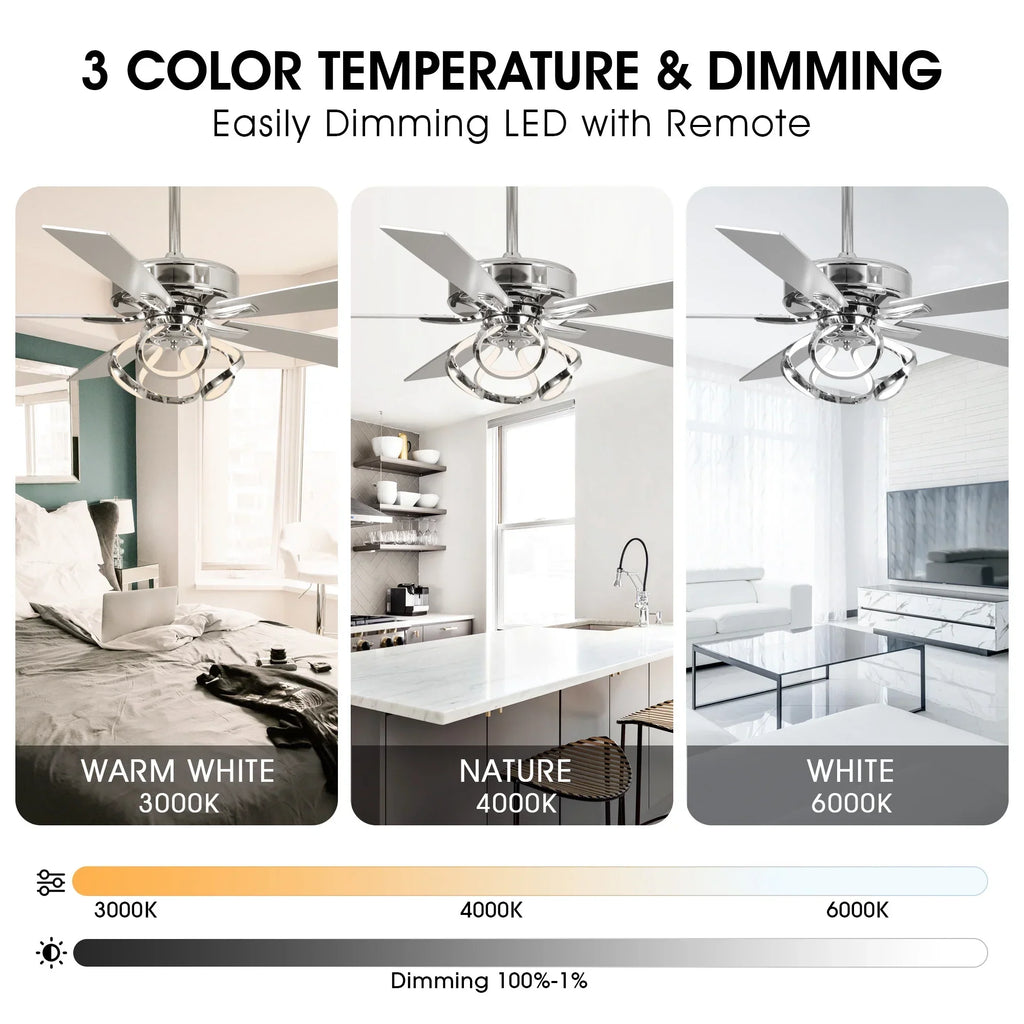 2026 NewParrot Uncle 52-Inch Contemporary Chrome Ceiling Fan with Integrated LED Lights and Remote Control
