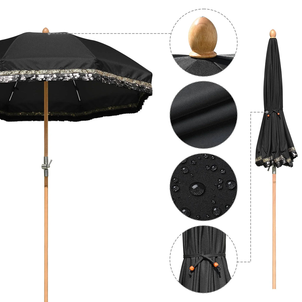 2026 NewLAGarden 6 Ft Fringe Patio Umbrella with Tassel Jazz Age Wood UPF50+ for Outdoor, Beige with gold tassel,Model: JZ6-01