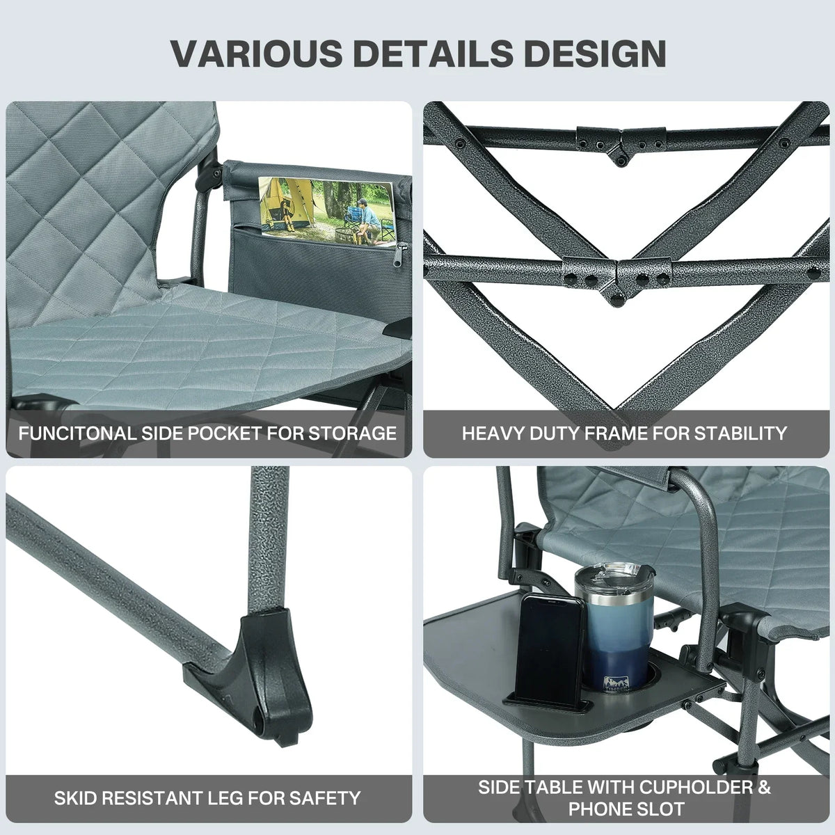 2026 NewTIMBER RIDGE Portable Director Chair, Heavy Duty Camping Folding Chair with Compact Size with Side Pocket and Side Table, Support 400 lbs, Grey