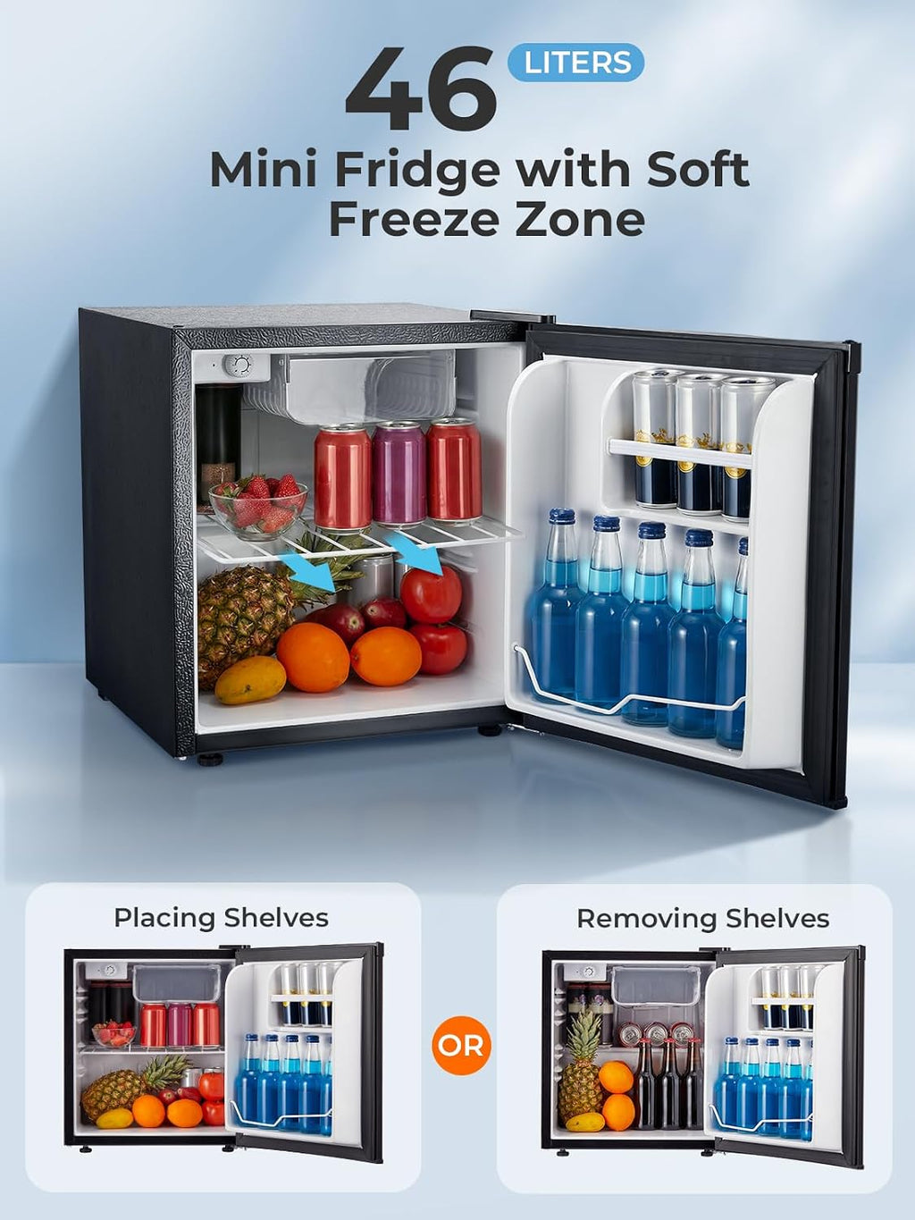 2026 Mininevera FOHERE de 46 litros, pequeña, con sistema de refrigeración de 7 etapas, de bajo consumo, súper silenciosa, puerta reversible y patas ajustables, ideal para hoteles, oficinas y apartamentos pequeños, color negro.