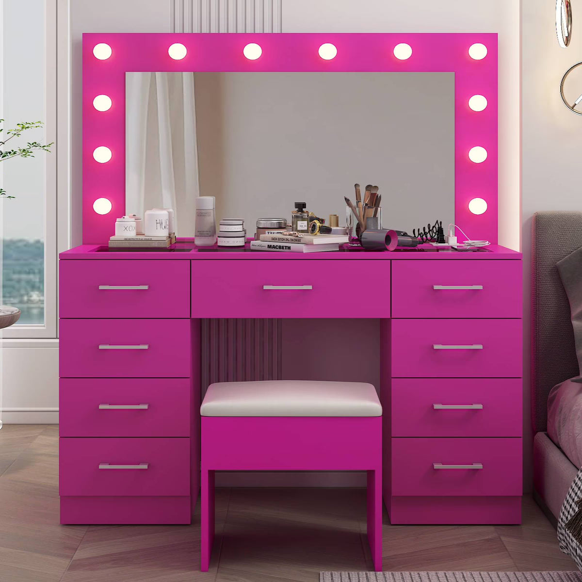 2026 NewKtaxon Large Makeup Vanity, Vanity Table Set w/ Visible Glass Top w/ Charging Station, White