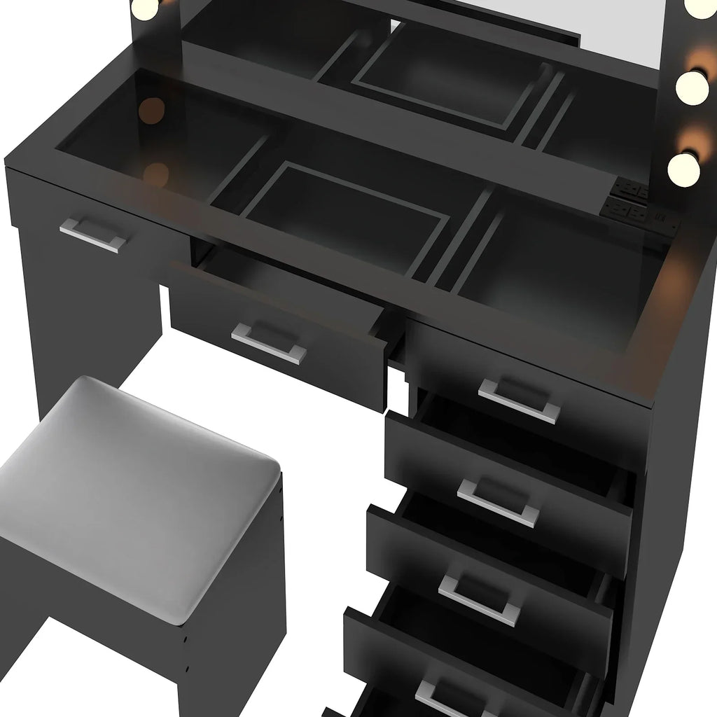 2026 NewKtaxon Large Makeup Vanity, Vanity Table Set w/ Visible Glass Top w/ Charging Station, White