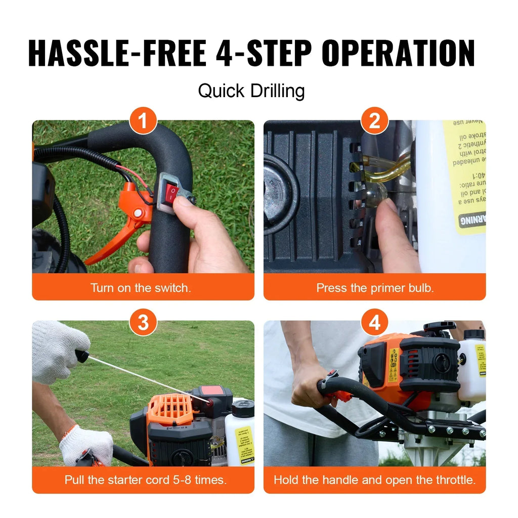 2026 NewKFFKFF Gas Earth Auger, 52CC 1450W, includes 8" Drill Bit & Extension Rod, Ideal for Garden, Farmland Fence Installation, Orange & Black