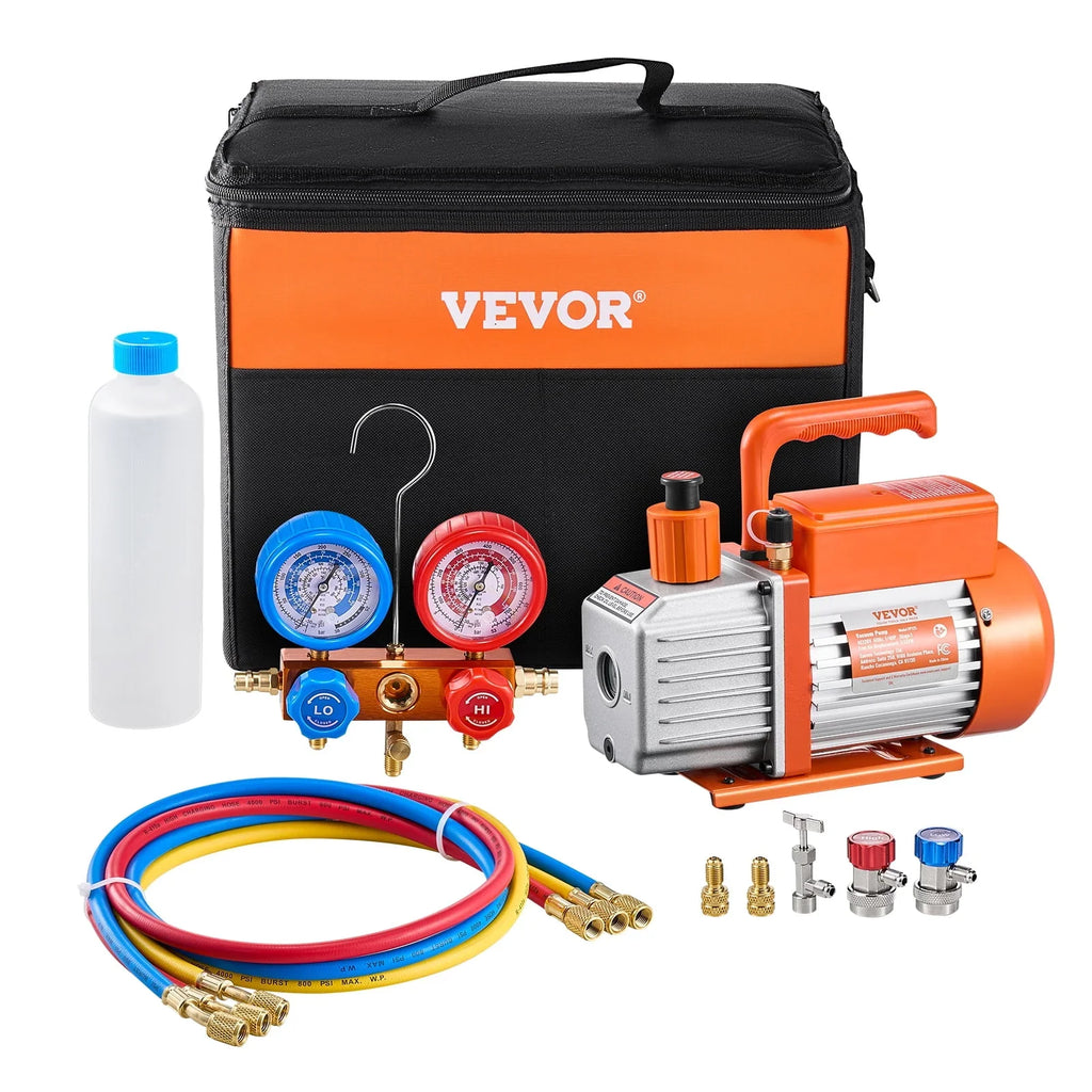 2026 NewVEVOR 3.5 CFM AC Vacuum Pump and Gauge Set,Single Stage Rotary Vane HVAC Air Vacuum Pump,A/C Refrigerant Manifold Gauge Kit, with Hoses,for R134a,R12,R22,R502a,R410A,R404,R407C Refrigerants