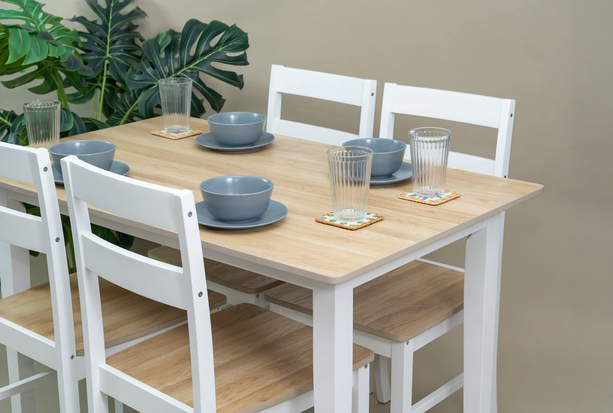 2026 NewMainstays 5-Piece Dining Set, 1 Table and 4 Chairs, White, MDF and Rubberwood, Indoor, 46" L x 29" W x 30" H Table
