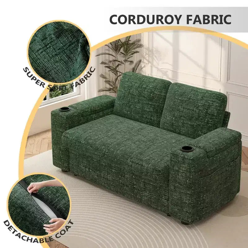 2026 Dyonery Sofá cama 4 en 1 de 65,5" con respaldos ajustables, carga USB/Type-C, portavasos y bolsillos, verde