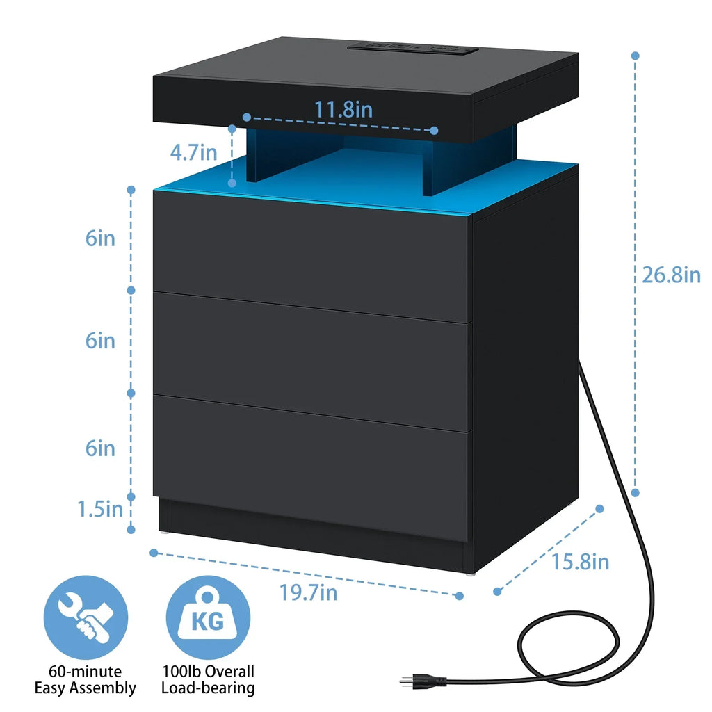 2026 NewHommpa LED Nightstand Wireless Charging Station USB Type C Outlets Bedside Table 3 Drawers Black Night Table Modern Smart Nightstand High Gloss End Side Table for Bedroom Furniture 26.8" Tall