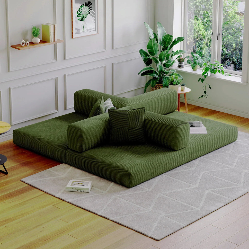 2026 NewConvertible Sleeper Sofa Bed,Compressed Floor Boneless Couch,Modular Modern Corduroy Sofa for Living Room Bedroom -with Fixed-Shape Frame and Support Armrest,Easy Assembly(Green)