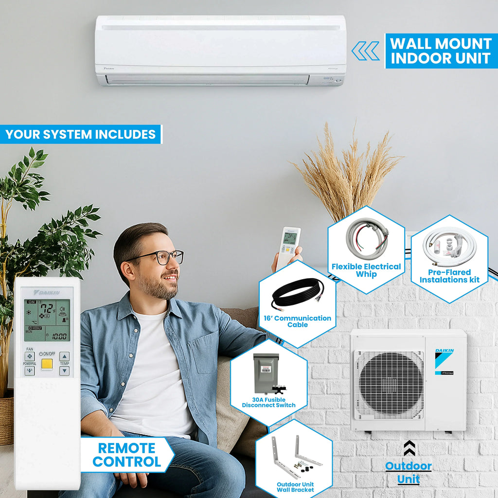 2026 NewDaikin 15,000 Btu 20 SEER2 LV Series Ductless Mini-Split Wall Mount Heat Pump Air Conditioner with 15' Installation Kit, Wall Bracket, 1/2 Electric Whip, 30A Fuse -230V