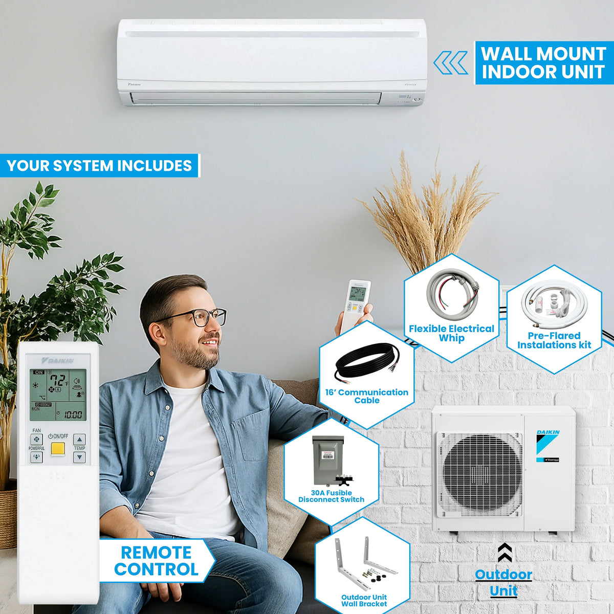 2026 NewDaikin 15,000 Btu 20 SEER2 LV Series Ductless Mini-Split Wall Mount Heat Pump Air Conditioner with 15' Installation Kit, Wall Bracket, 1/2 Electric Whip, 30A Fuse -230V