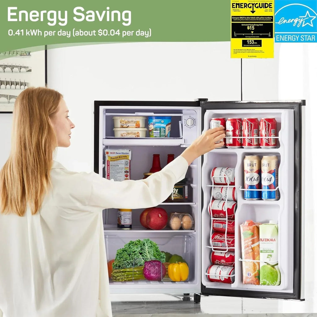 2026 NewMini Fridge for Bedroom 3.2 Cu.Ft Small Refrigerator with Freezer for Dorm Office, Compact Single Door Adjustable Thermostat Low Noise,Black