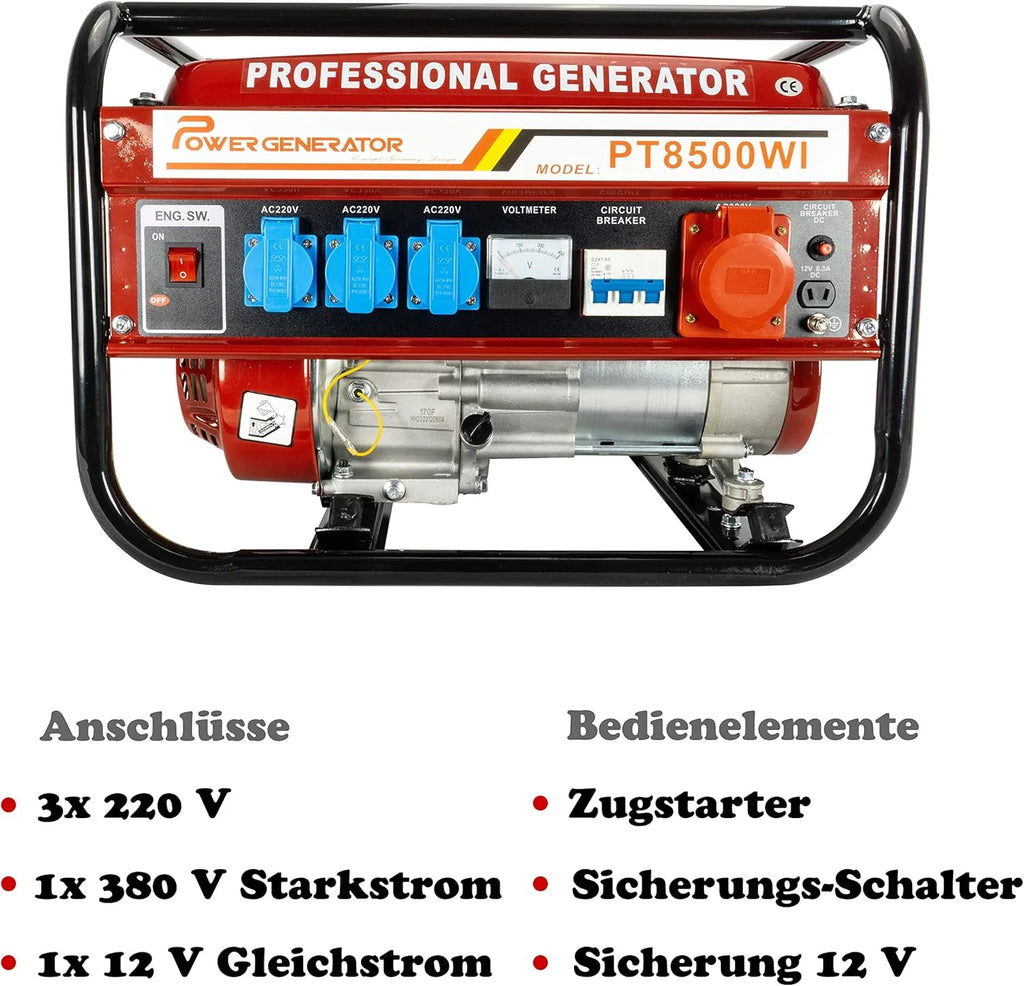 2026 Generador de corriente con gasolina | Accesorios incluidos | Grupo electrógeno silencioso | 5 enchufes 3 x 230 V / 1 x 400 V / 1 x 12 V | 6,5 CV