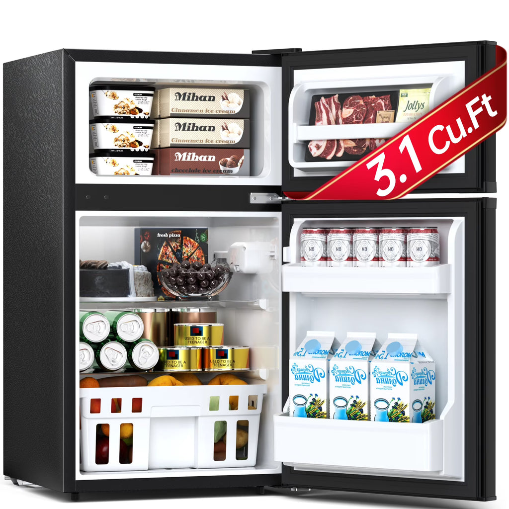 2026 NewAuseo 3.1 Cu.Ft Double Door Mini Fridge with Freezer, Compact Retro Refrigerator for Dorm, Office, Bar, Bedroom, Black