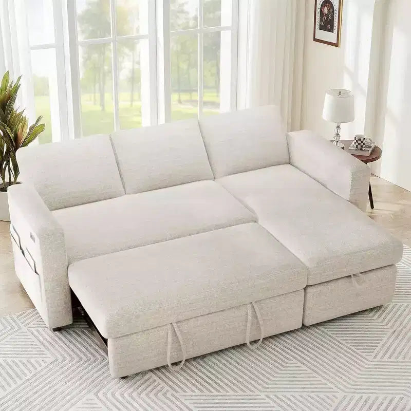 2026 Sofá cama extraíble 2 en 1 con chaise longue de almacenamiento, chenilla y puertos USB
