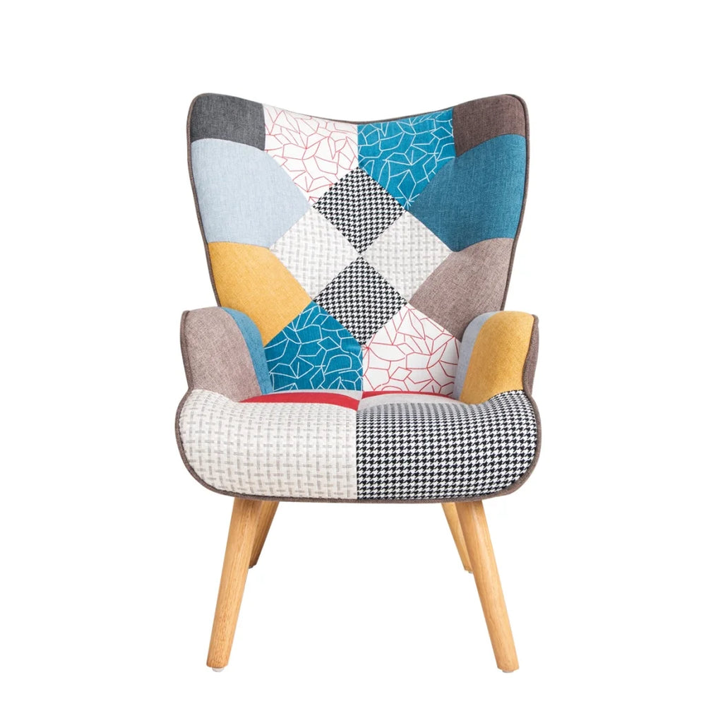 2026 NewModern Accent Chair with Solid Wood Legs and High Wing Backrest, Side Chair Set with Ottoman, Comfy Side Armchair for Living Room, Reading Room, Bedroom, Colorful Patchwork
