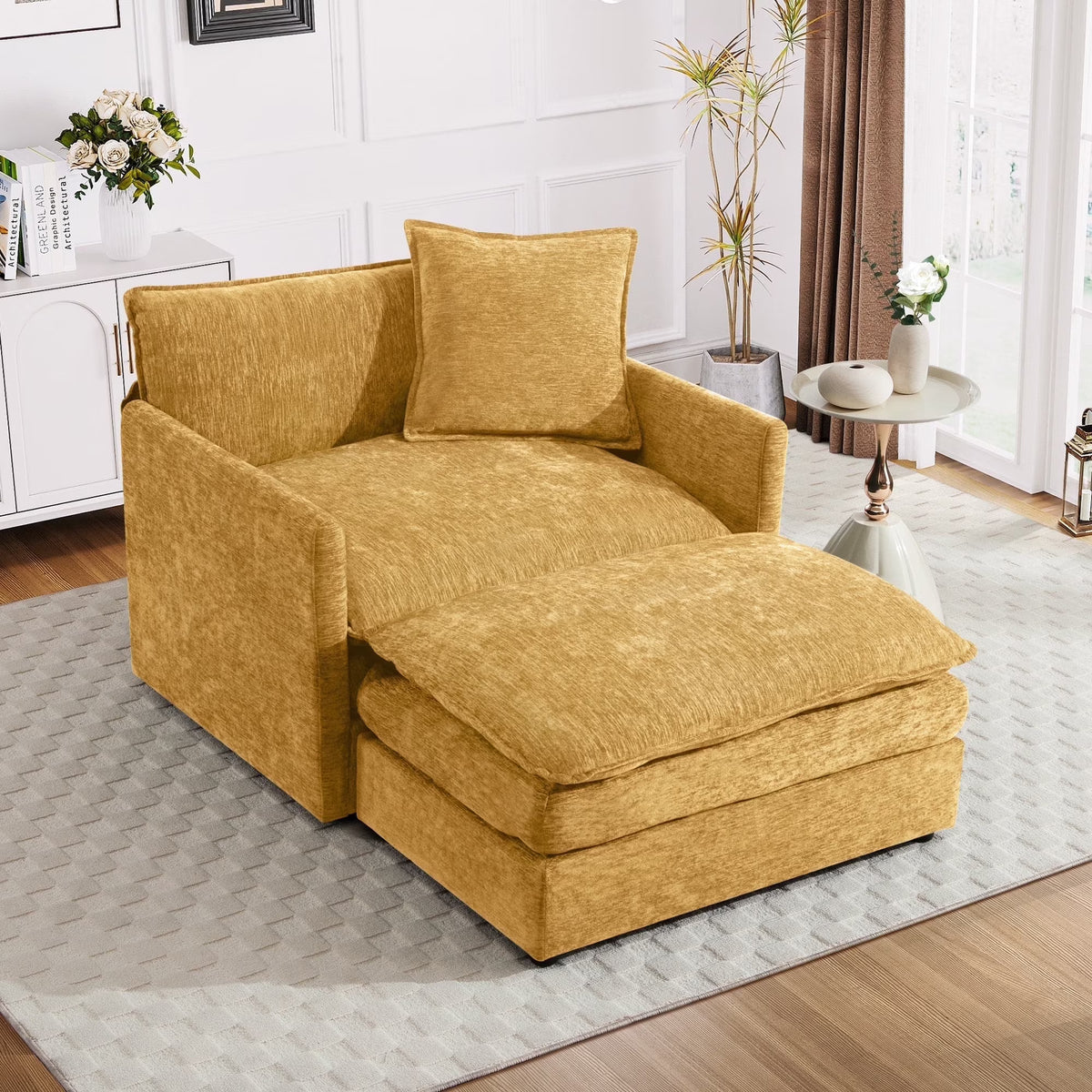 2026 NewMuumblus Oversized Lounge Chair with Ottoman, Cloud Accent Armchair for Living Room, Beige Chenille