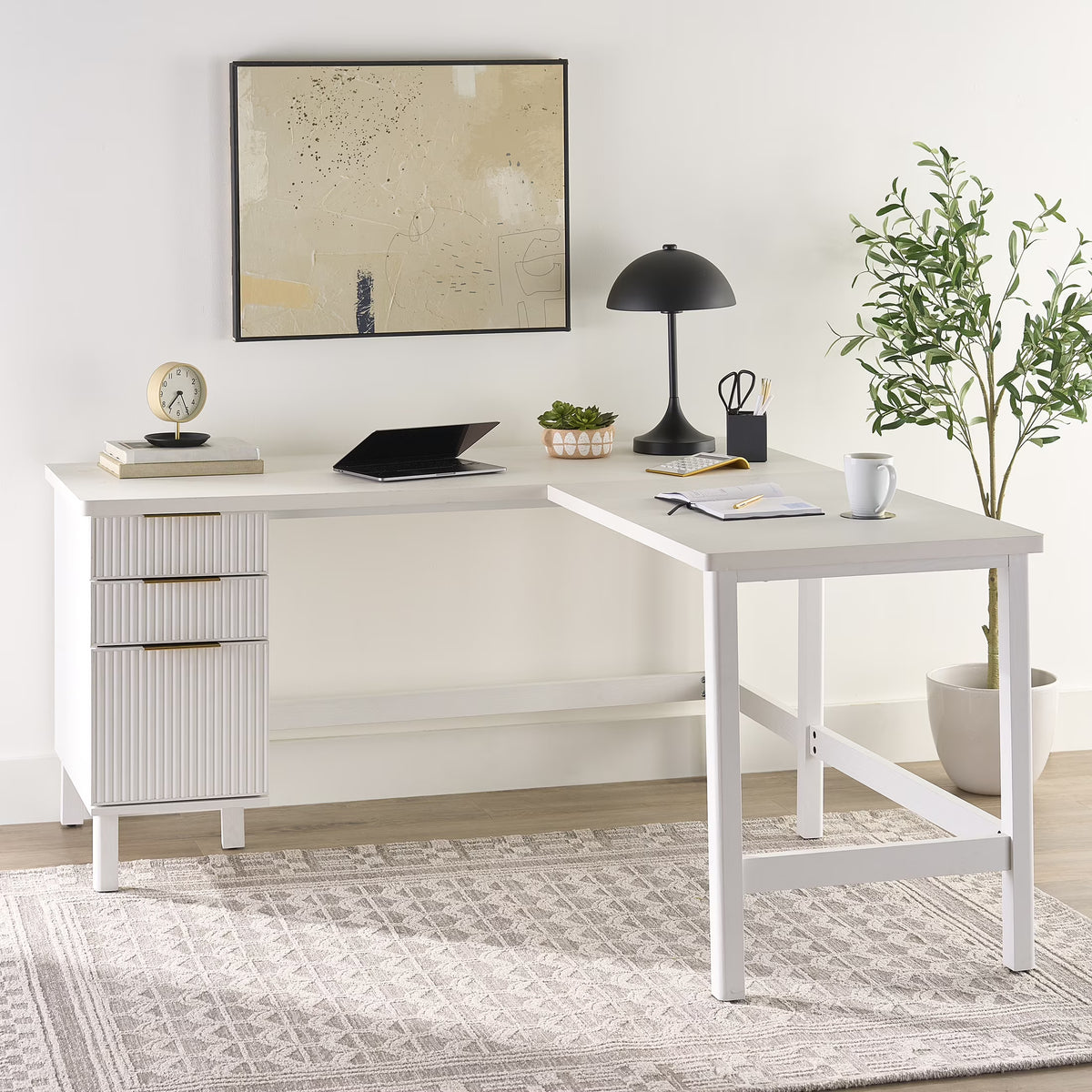 2026 NewBetter Homes & Gardens Lillian Fluted L-Shape Desk, Natural Pine Finish