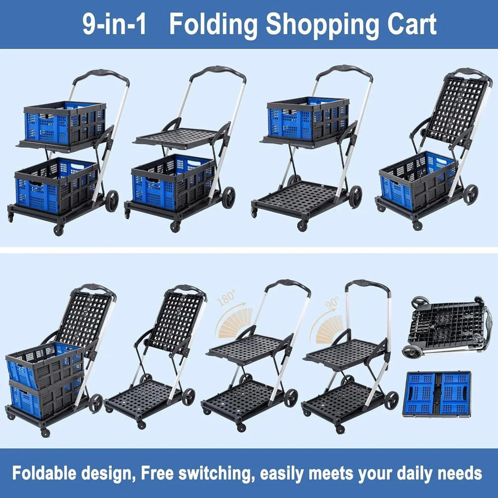 2026 NewFoldable Grocery Cart with Wheels and Removable Storage Crate, Collapsible Shopping Cart, 2-Tier Portable Utility Cart for Home, GroceriesSupermarket