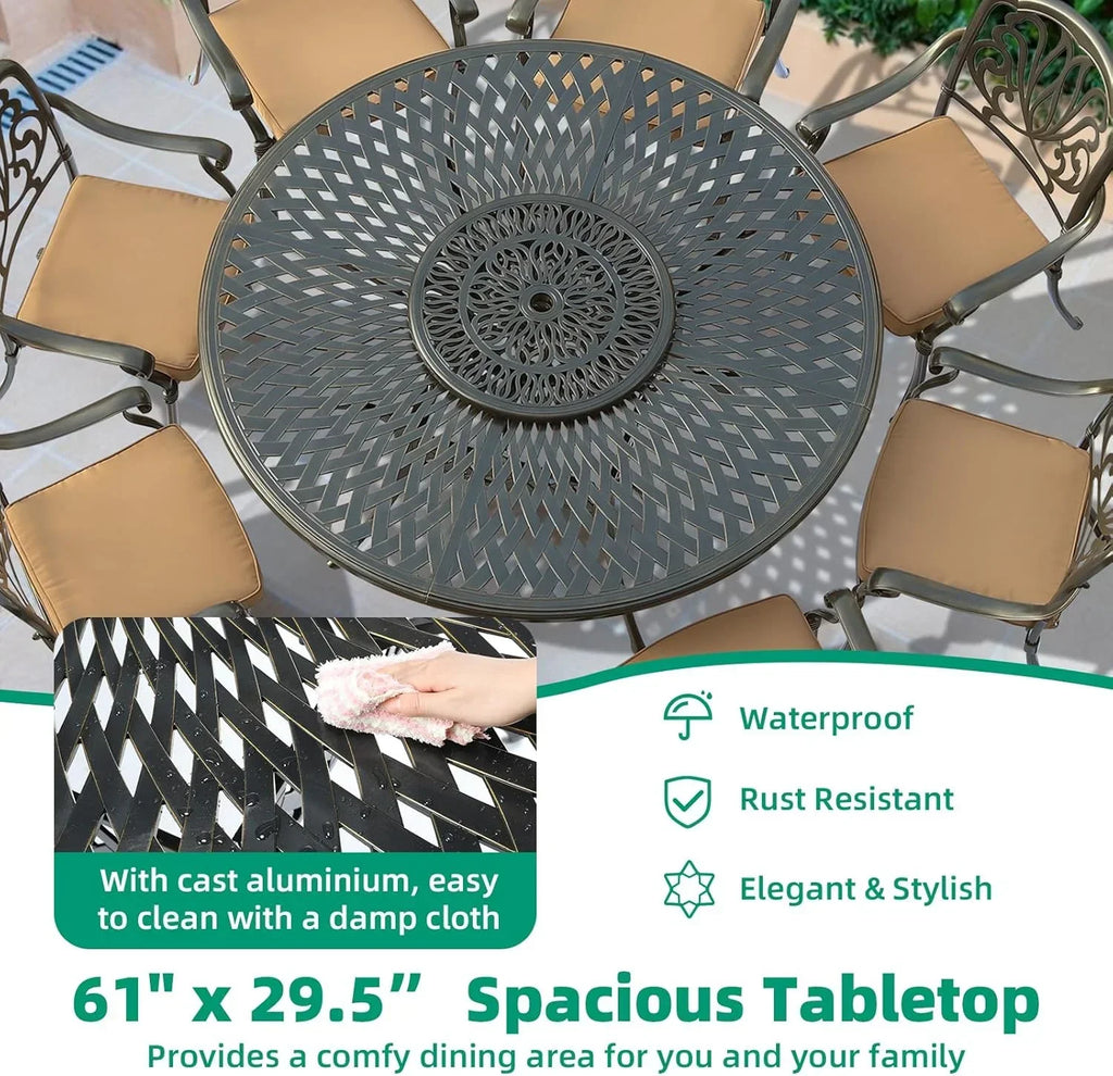 2026 NewVIVIJASON Outdoor 61" Patio Dining Table for 6-8 Person, Large Patio Round Dining Table with 24" Lazy Susan, Dark Bronze Cast Aluminum Rustic Patio Table W/Umbrella Hole for Balcony, Porch and Deck