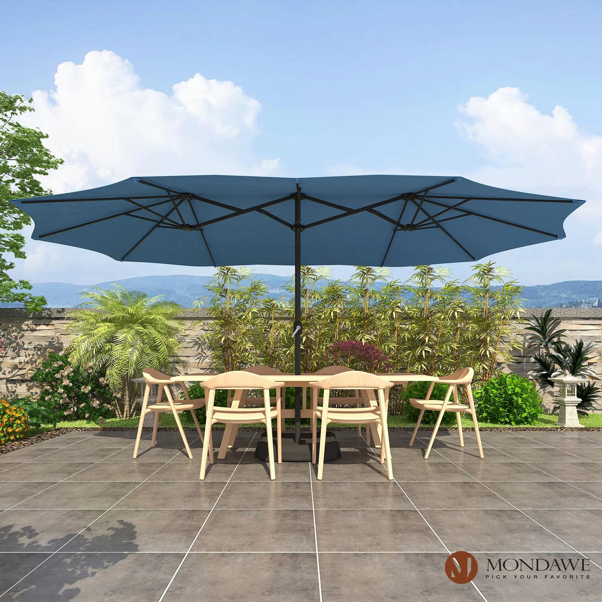 2026 NewMondawe 15ft Patio Umbrella Rectangular Outdoor Market Umbrella with Base and LED Lights Beige