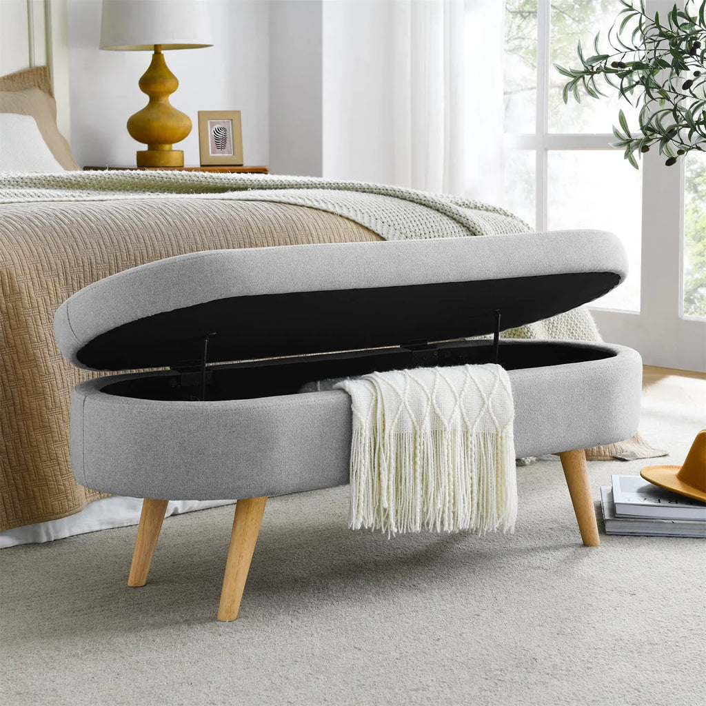 2026 New43.5" Oval Storage Ottoman Bench with Solid Wood Legs, Linen Fabric Upholstered Entryway Bench with Safety Hinge, Indoor Bench for End of Bed, Sofa Side, Entryway