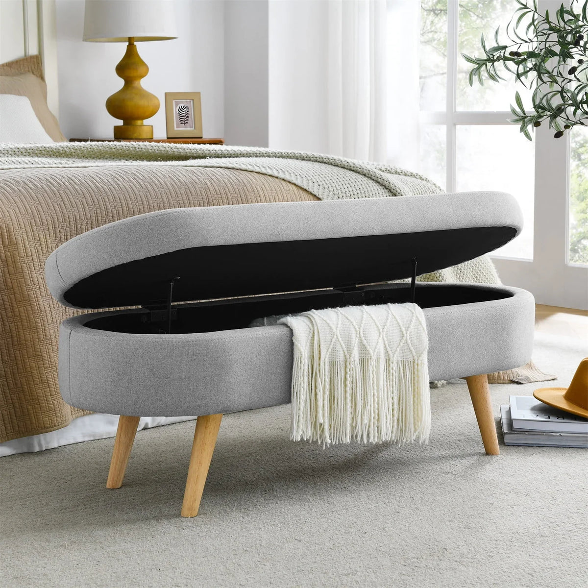 2026 New43.5" Oval Storage Ottoman Bench with Solid Wood Legs, Linen Fabric Upholstered Entryway Bench with Safety Hinge, Indoor Bench for End of Bed, Sofa Side, Entryway