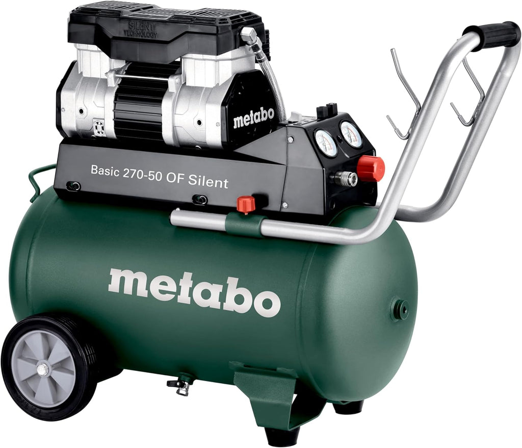 2026 Compresor silencioso Metabo Basic 270-50 OF, 50 L, 10 bar, 130 l/min, portátil y sin aceite para taller, con acoplamiento