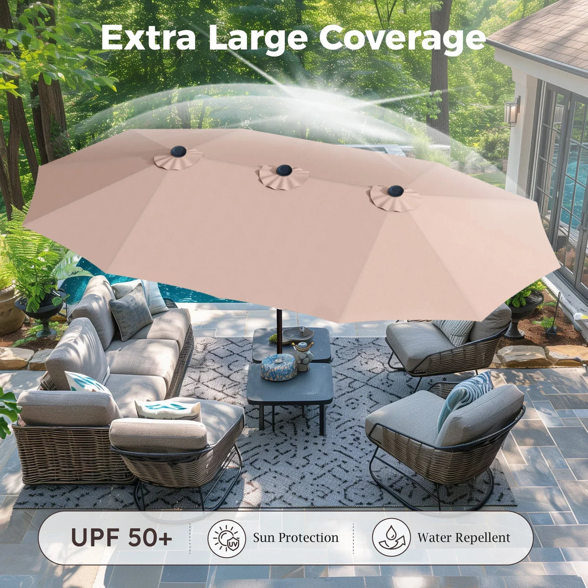 2026 NewAlpha Joy 15ft Outdoor Patio Umbrella Extra-Large Double-Sided Garden Umbrella with Crank Handle and Base - Smoky Gray