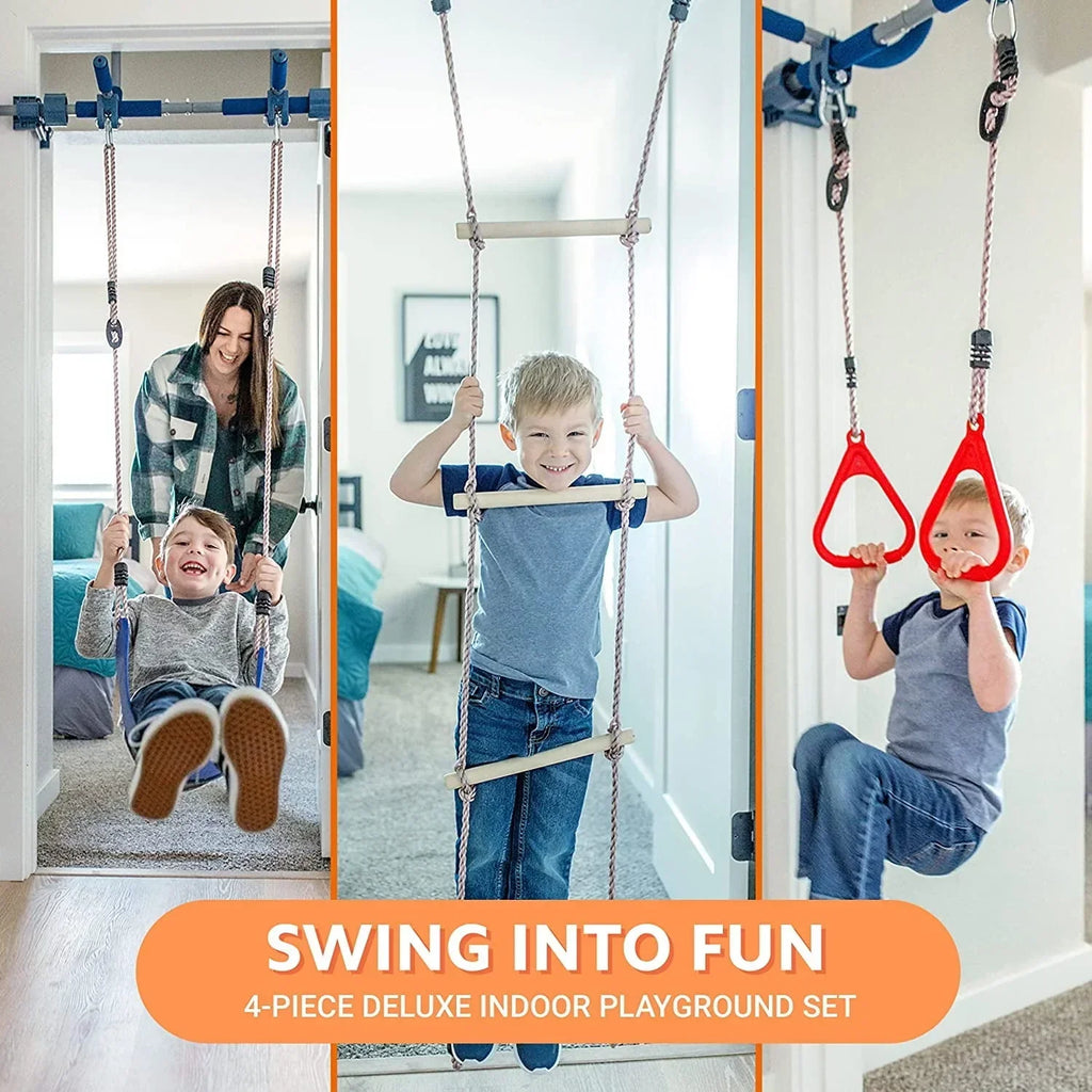 2026 NewGym1 - Deluxe Indoor Doorway Gym for Kids Playground Set - All in One Gym Set - Four Ways of Fun: Blue Indoor Swing, Plastic Rings, Climbing Ladder, and Pull Up Bar