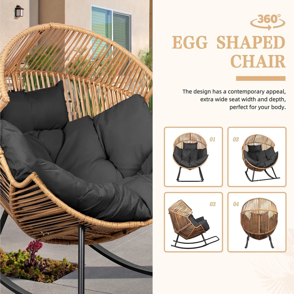 2026 NewWalsunny Egg Chairs Outdoor Patio Wicker Oversized Egg Shell Lounger Lawn Chair with Cushion for Indoor Outside Porch Balcony Backyard, Original Wood Color Rattan Beige Cushion
