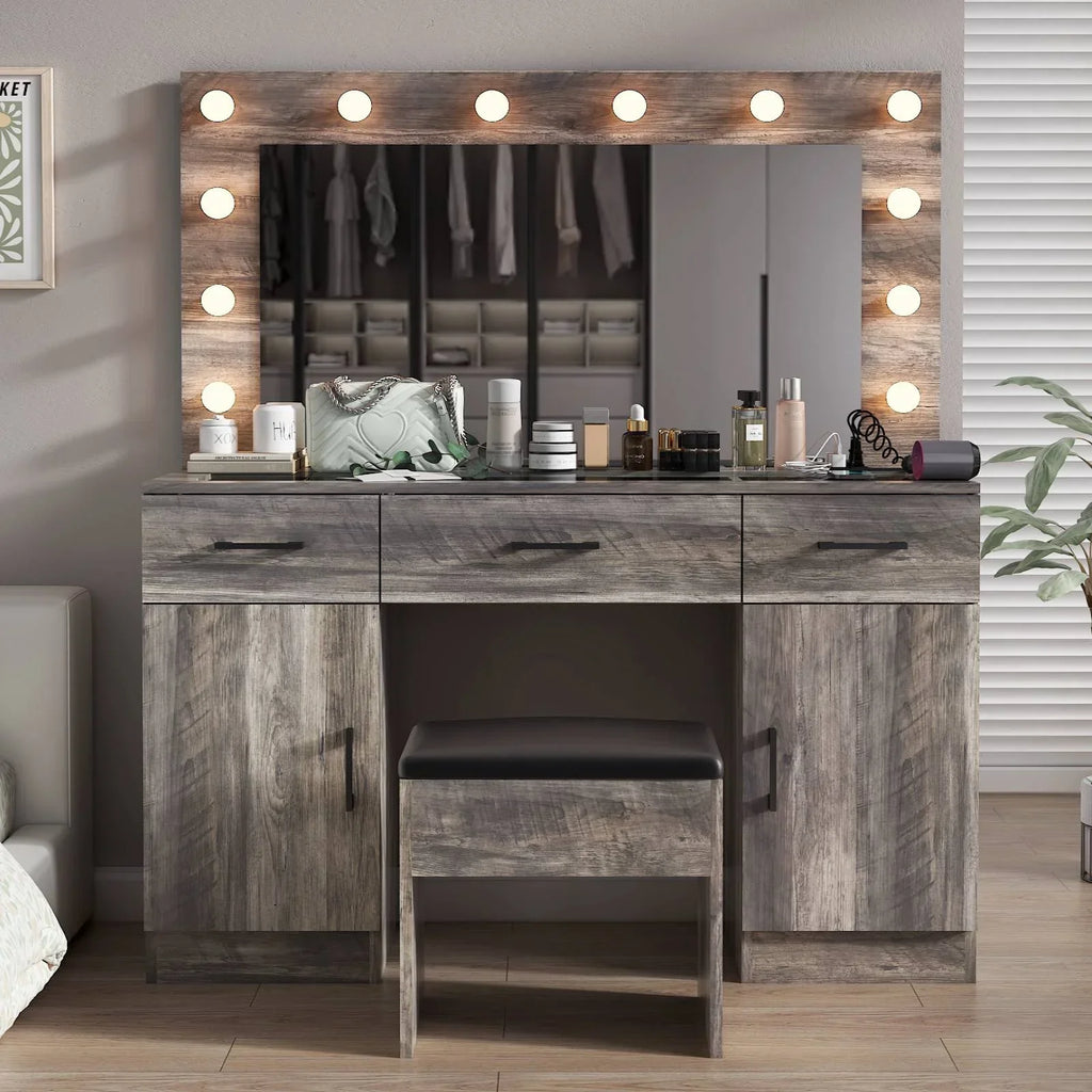 2026 NewKtaxon Large Makeup Vanity, Vanity Table Set w/ Visible Glass Top w/ Charging Station, White