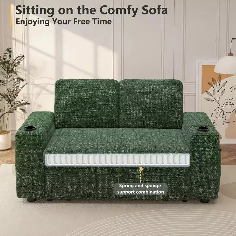 2026 Dyonery Sofá cama 4 en 1 de 65,5" con respaldos ajustables, carga USB/Type-C, portavasos y bolsillos, verde