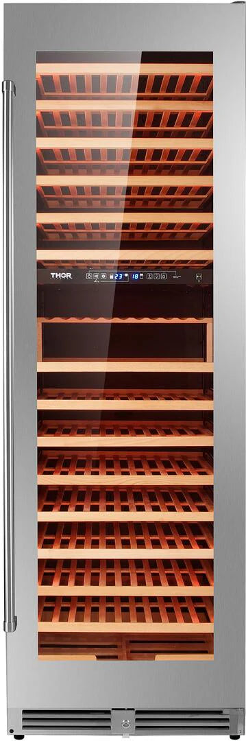 2026 Enfriador de vino Thor de 24 pulgadas, acero inoxidable, con capacidad para 162 botellas y doble zona de refrigeración.