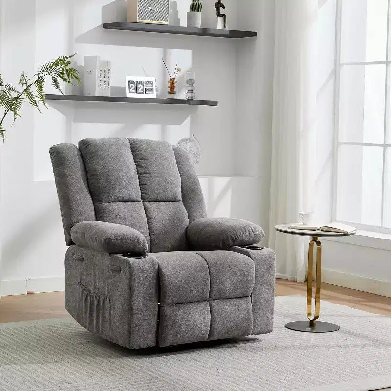 2026 Sillón reclinable manual con masaje por vibración y calefacción lumbar, bolsillo lateral y portavasos