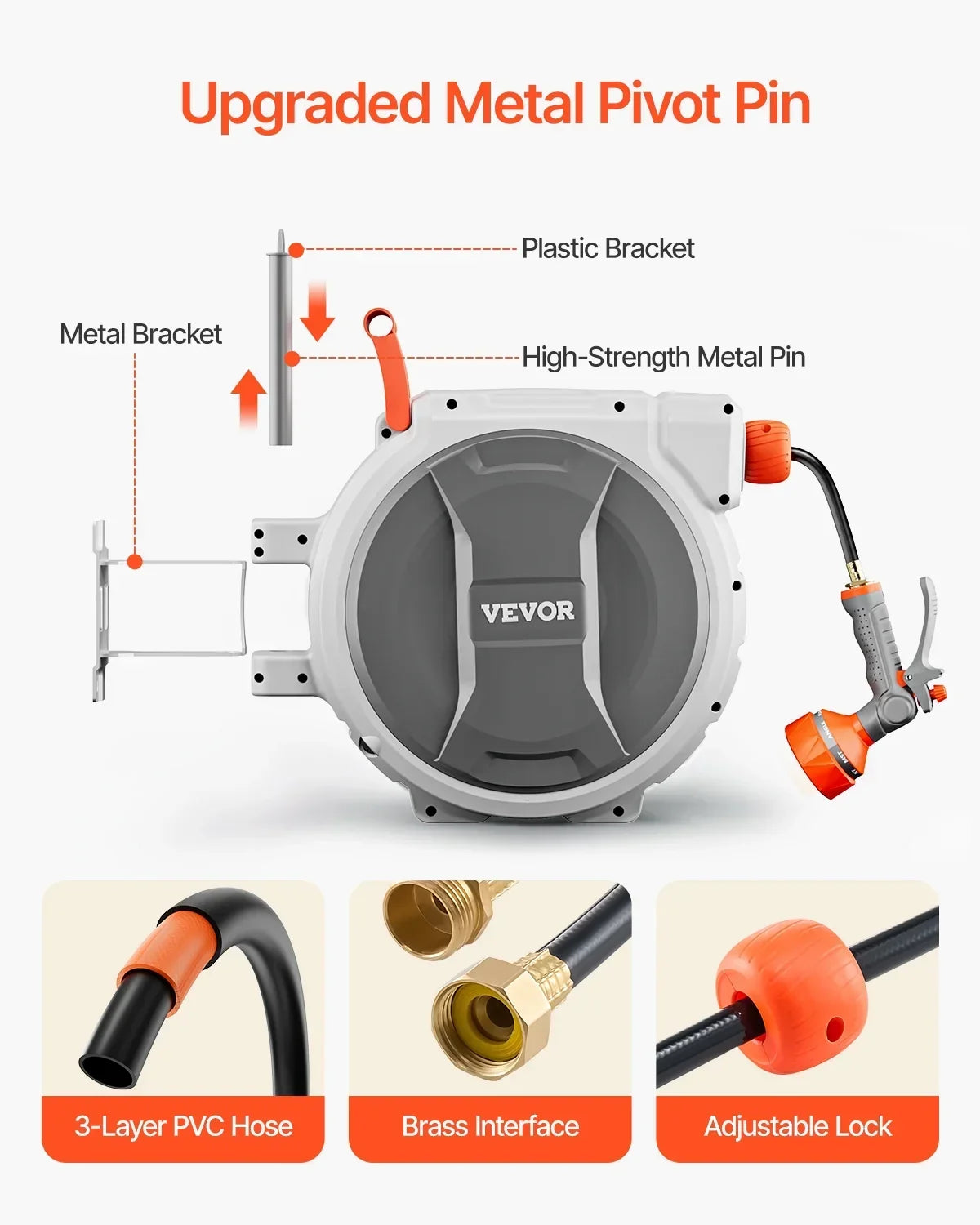 2026 NewVEVOR Retractable Garden Hose Reel, 5/8 Inch x 100 ft Wall Mounted Hose Reel, Heavy Duty Garden Hose Reel with 9 Patterns Nozzle, Any Length Lock, Upgraded Slow Return System and 180" Swivel Bracket