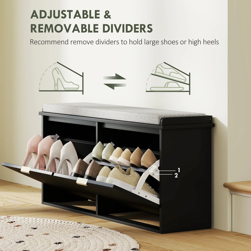 2026 NewHOMCOM Shoe Bench with Padded Seat Cushion and Flip-Drawer, Entryway Bench Holds up to 529lb, 40.9x10.2x18.7 Inches, Black