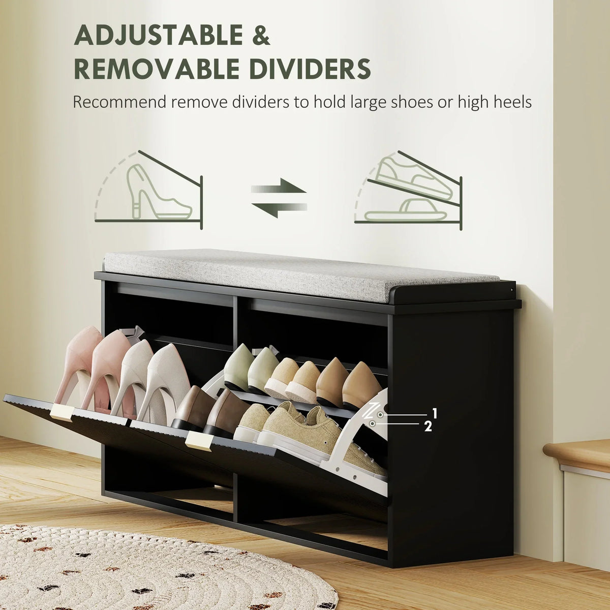 2026 NewHOMCOM Shoe Bench with Padded Seat Cushion and Flip-Drawer, Entryway Bench Holds up to 529lb, 40.9x10.2x18.7 Inches, Black