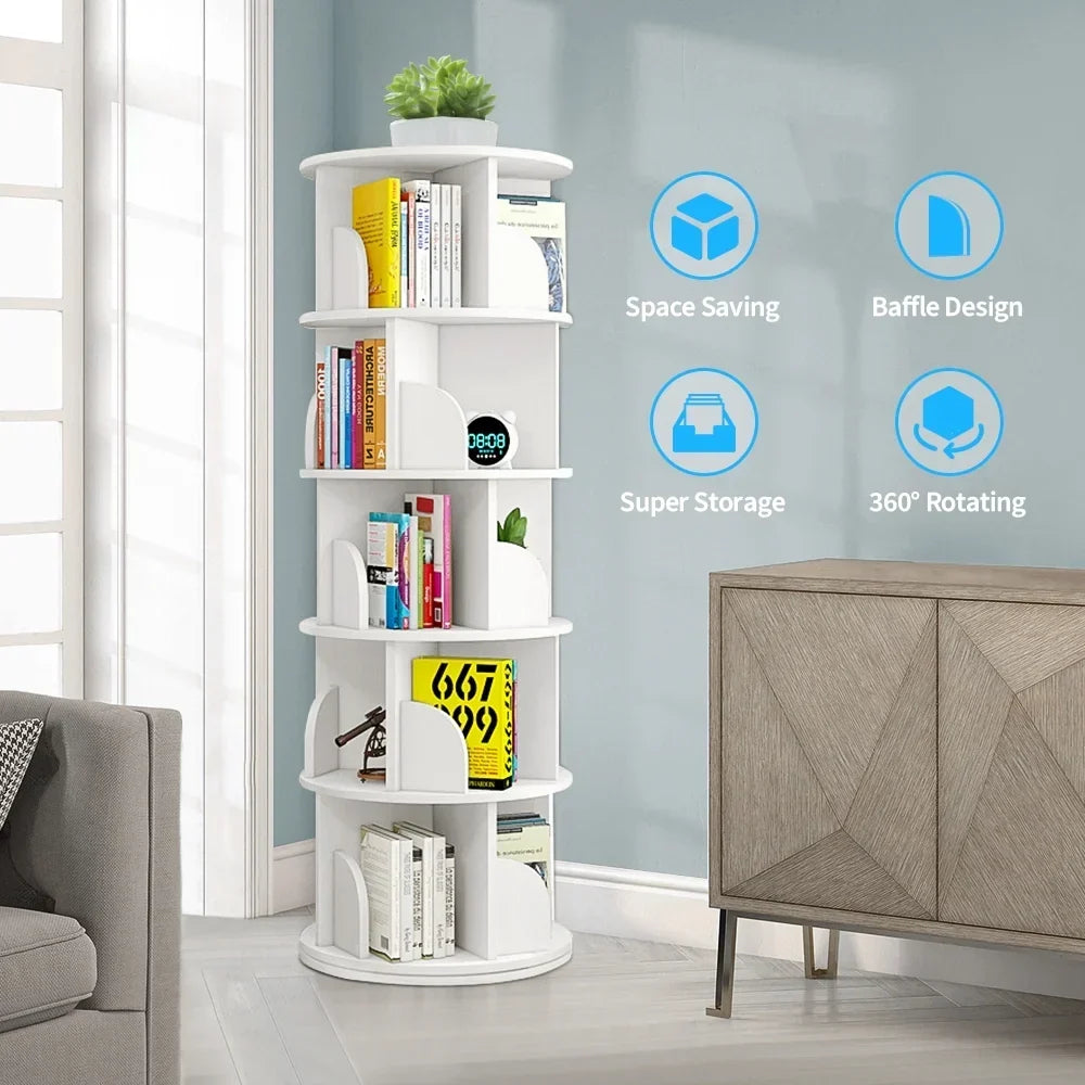2026 NewBimiti 5 Tier Rotating Bookshelf, 360?" Revolving Bookcase 20 Shelves Floor-Standing Storage Display Rack - White 63"x18"x18", Adult