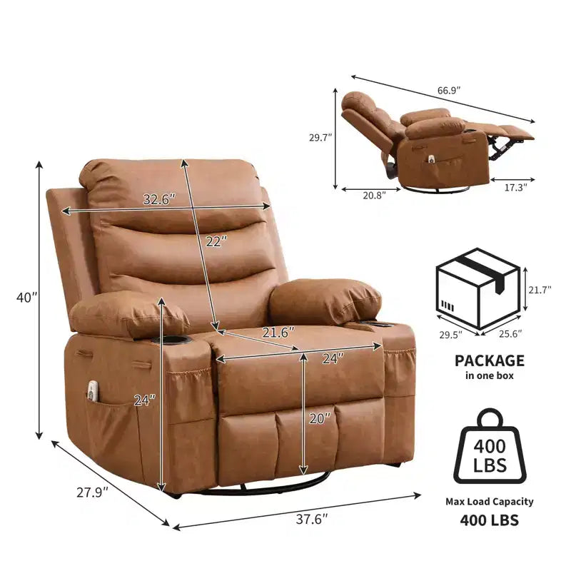 2026 Sillón reclinable mecedora giratorio 360° extragrande con masaje y calor, portavasos y bolsillos