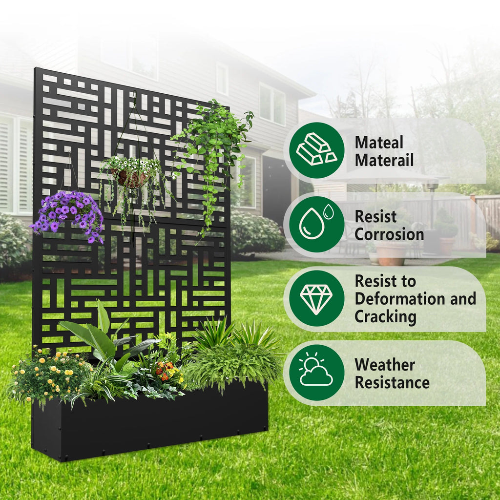 2026 Macetero metálico FOOWIN de 180 cm de alto con enrejado, jardinera elevada para exteriores para plantas trepadoras, jardinera con enrejado y orificio de drenaje, color negro.