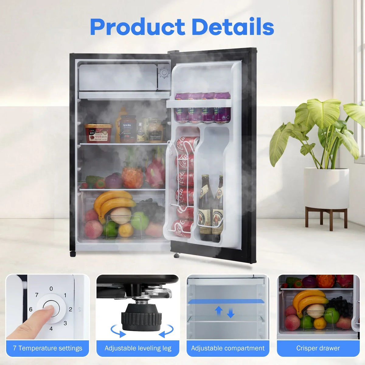 2026 NewMini Fridge with Freezer, 3.2 Cu. Ft Small Refrigerator for Bedroom,7 Adjustable Thermostat,Low Noise,Easy to Storage&Clean Single Door,Refrigerator For Home, Office, Dorm, Garage or RV
