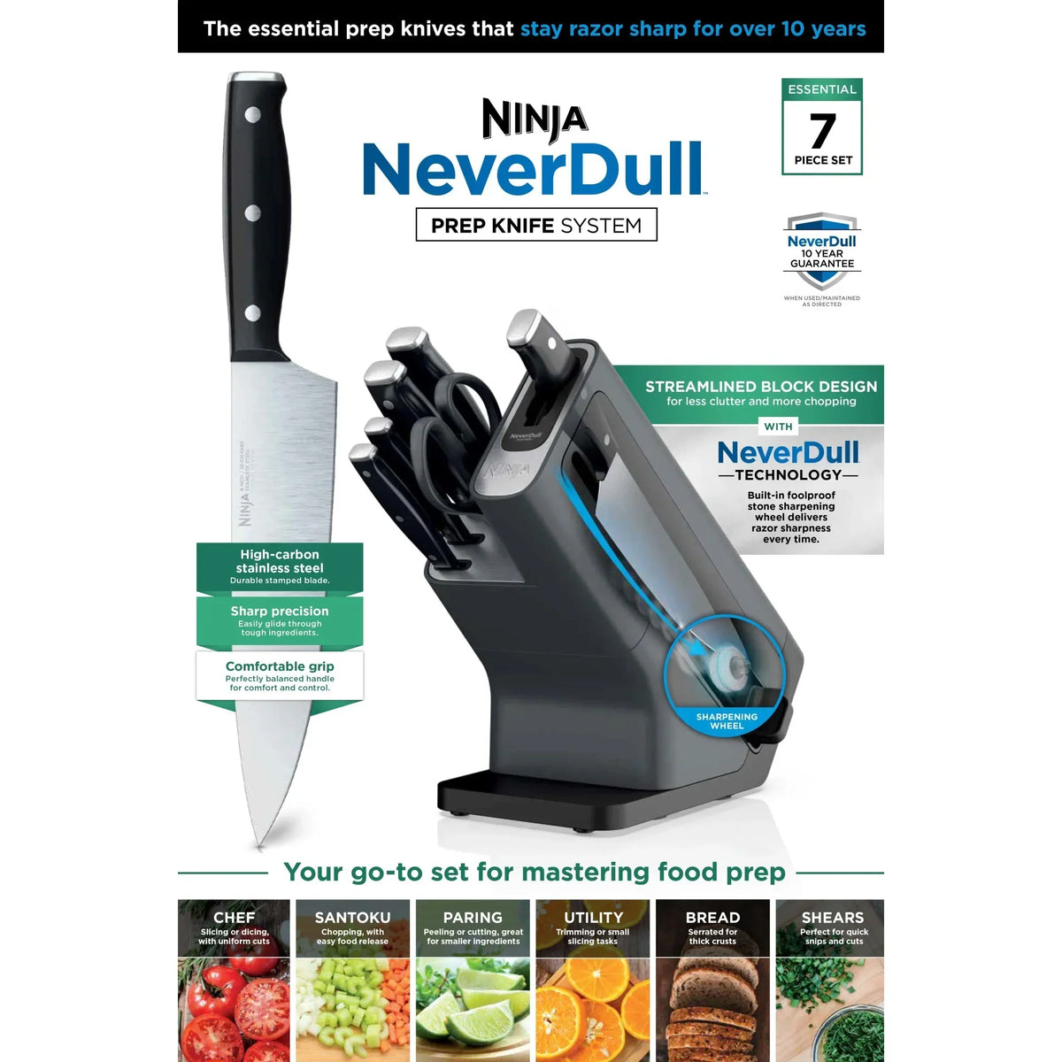 2026 NewNinja NeverDull 14-Piece Stainless Steel Essential Knife System with Built-in Sharpener, K12014 Black/Gray