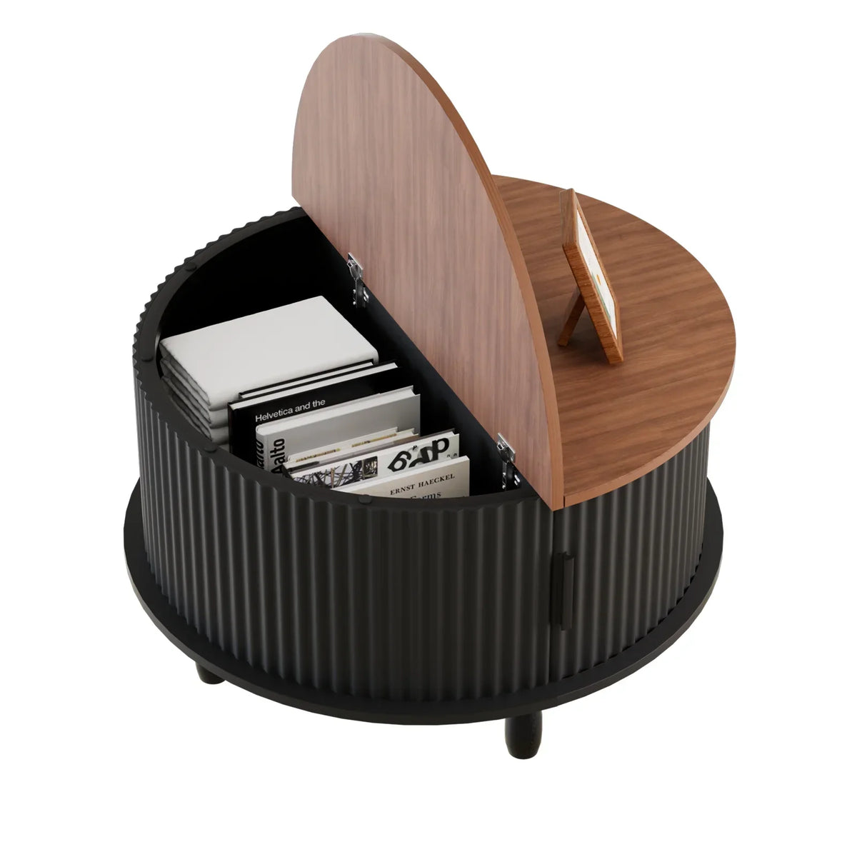 2026 NewRUMLIVE Round Coffee Table with Storage, 30.7" Modern Coffee Table with 360" Curved Sliding Door, Fluted Wood Coffee Table with Footpads, Round Center Table for Living Room, Black