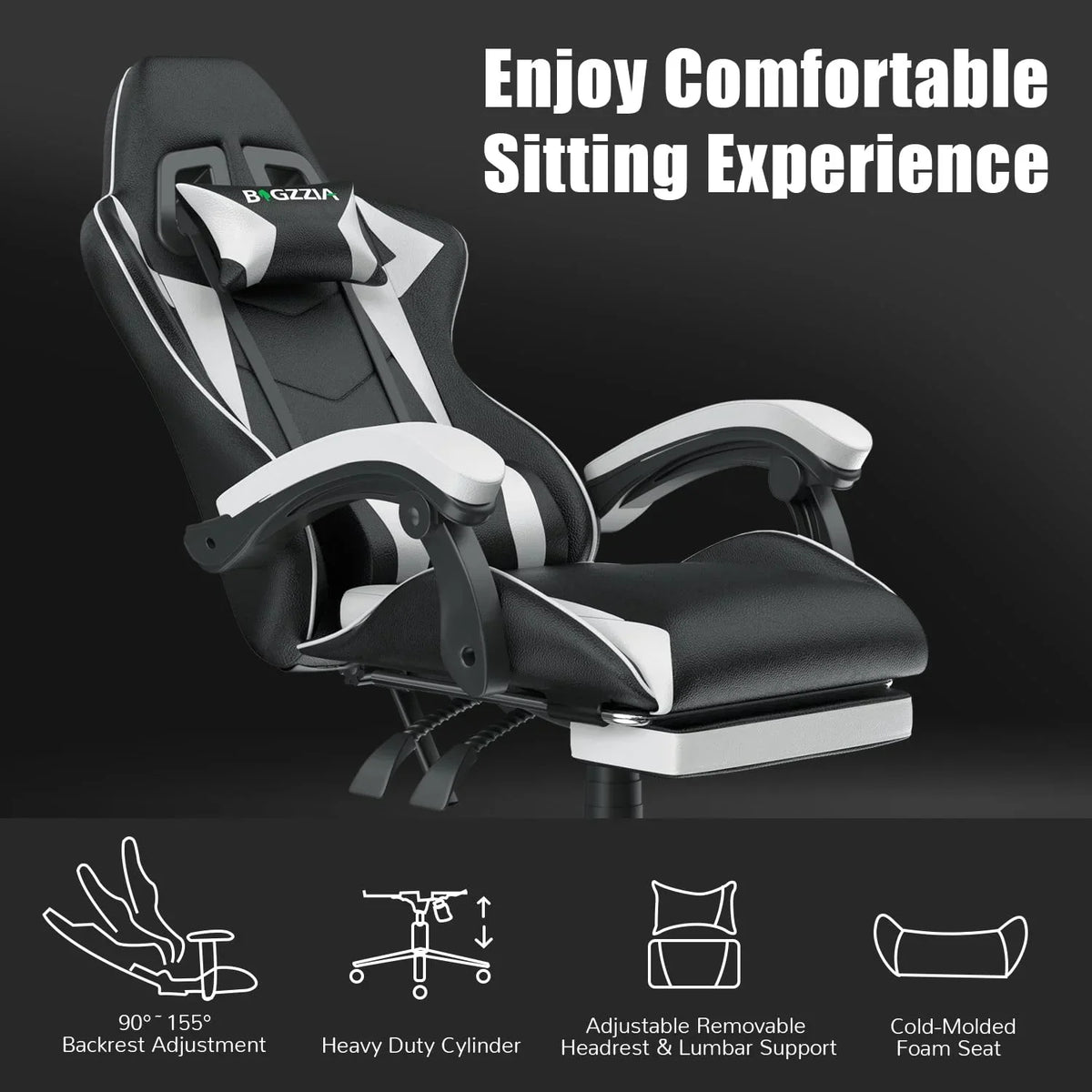 2026 NewBigzzia Gaming Chair Office Chair, Ergonomic Game Chair with Height Adjustable Headrest and Lumbar Support for Adults Teens, Black & White
