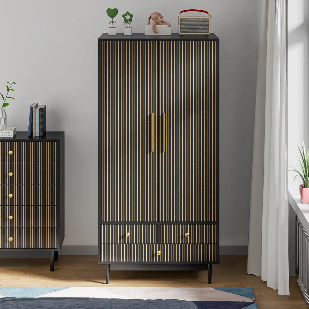 2026 NewOubayajia Wardrobe Armoire Closet, 2 Fluted Doors Wardrobe Cabinet with 3-Drawer and Hanging Rod, Wood Wardrobe Storage for Bedroom