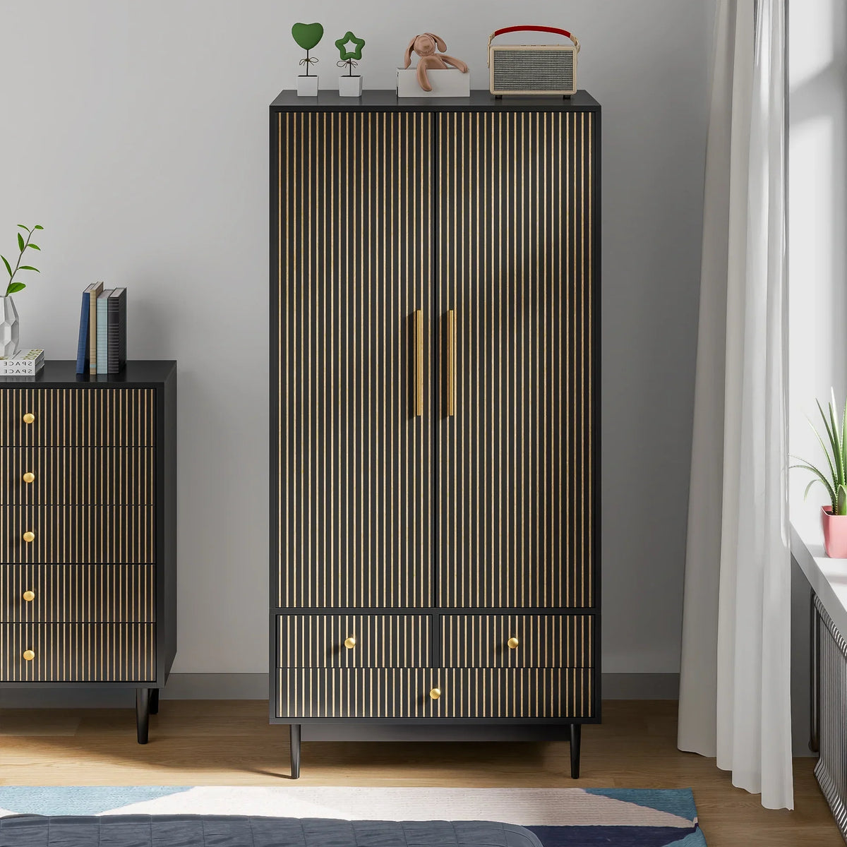 2026 NewOubayajia Wardrobe Armoire Closet, 2 Fluted Doors Wardrobe Cabinet with 3-Drawer and Hanging Rod, Wood Wardrobe Storage for Bedroom