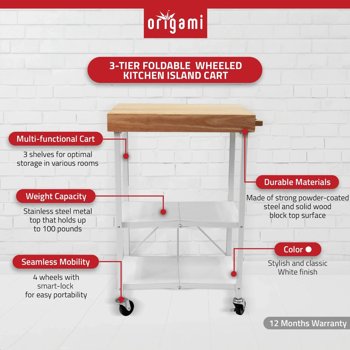 2026 NewOrigami Foldable Wheeled Portable Solid Wood Top Kitchen Island Bar Cart