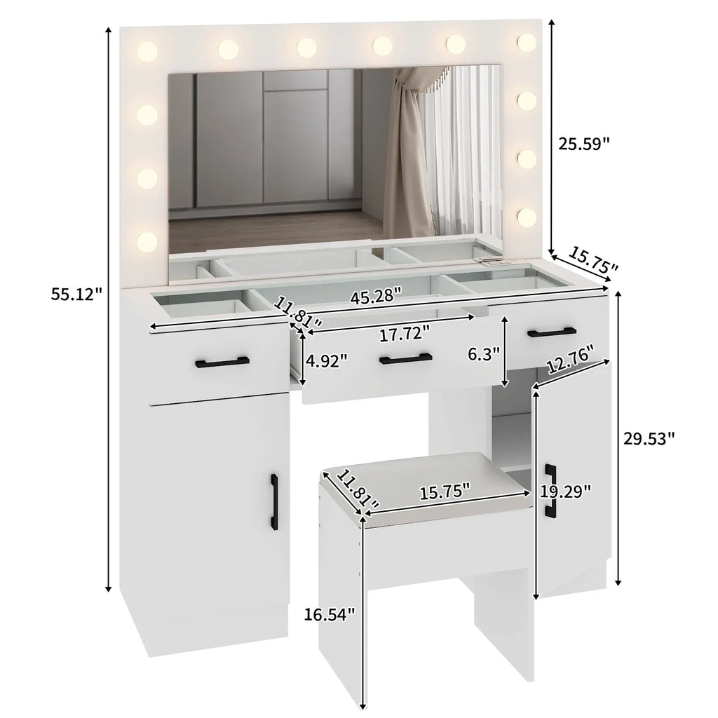 2026 NewKtaxon Large Makeup Vanity, Vanity Table Set w/ Visible Glass Top w/ Charging Station, White